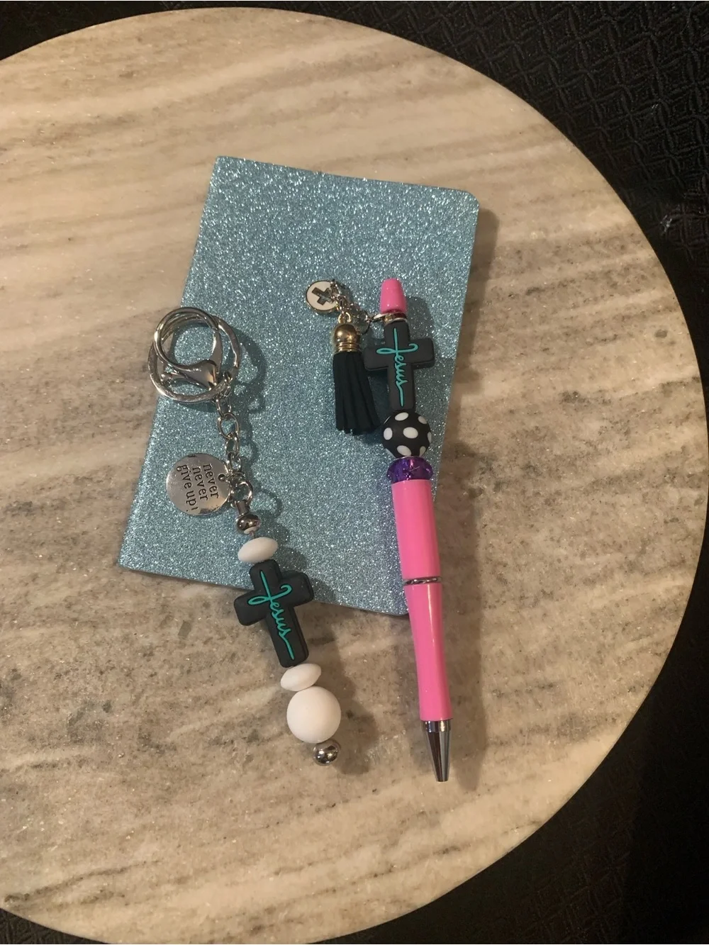 Pink Beaded Pen and Keychain Set with Cross Charm